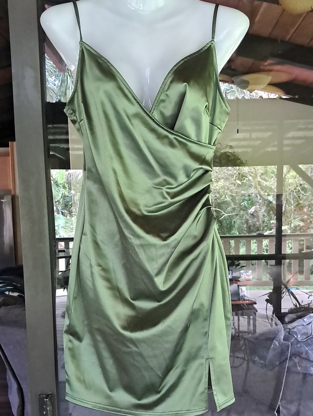 Inspired Hearts Olive Satin Slip Dress with Spaghetti Straps